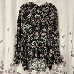 Zara Woman Semi Shear Black Floral V-Neck Blouse Top Size M